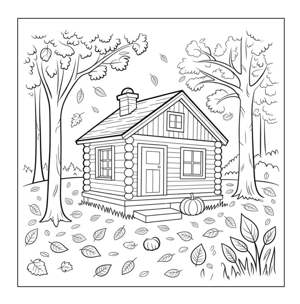 Log cabin with falling autumn leaves
