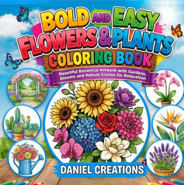 Bold and Easy Flowers and Plants Coloring Book cover - 40 printable pages