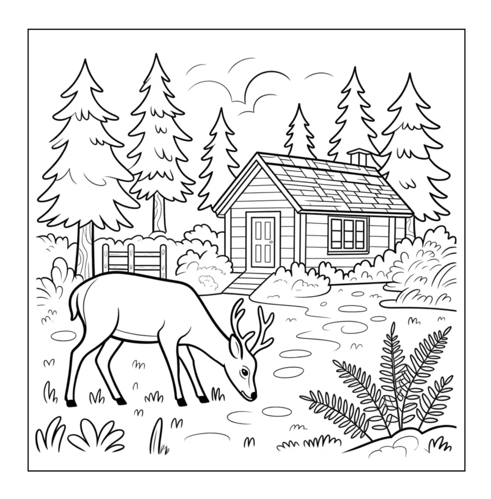 Deer grazing near a forest cabin