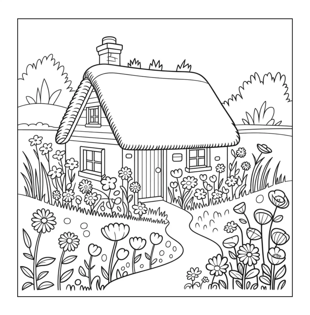 Cute cottage surrounded by blooming flowers