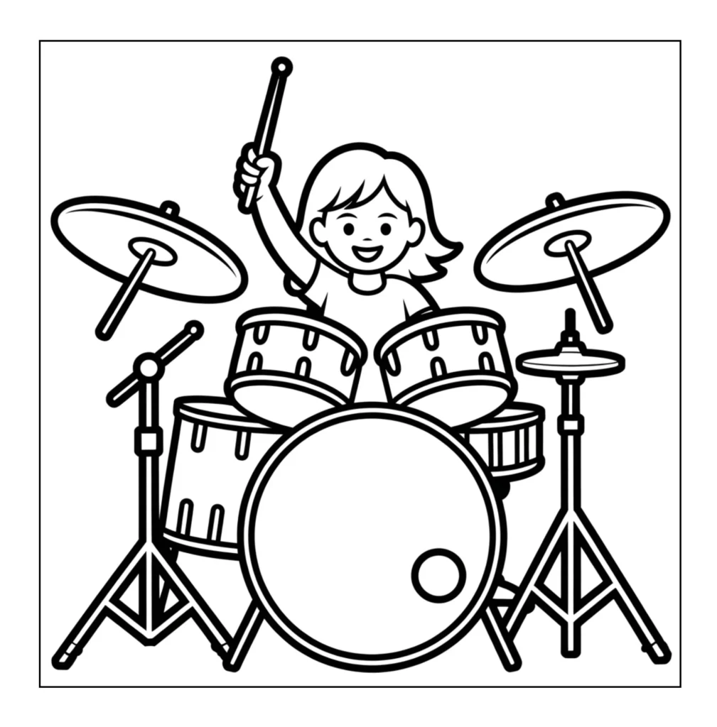Girl smiling and playing a drum set