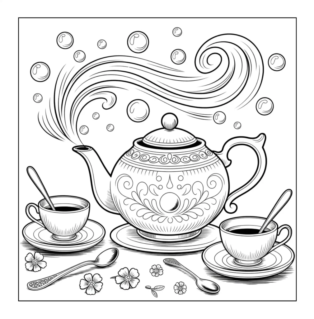 Decorative teapot steaming with floating bubbles.