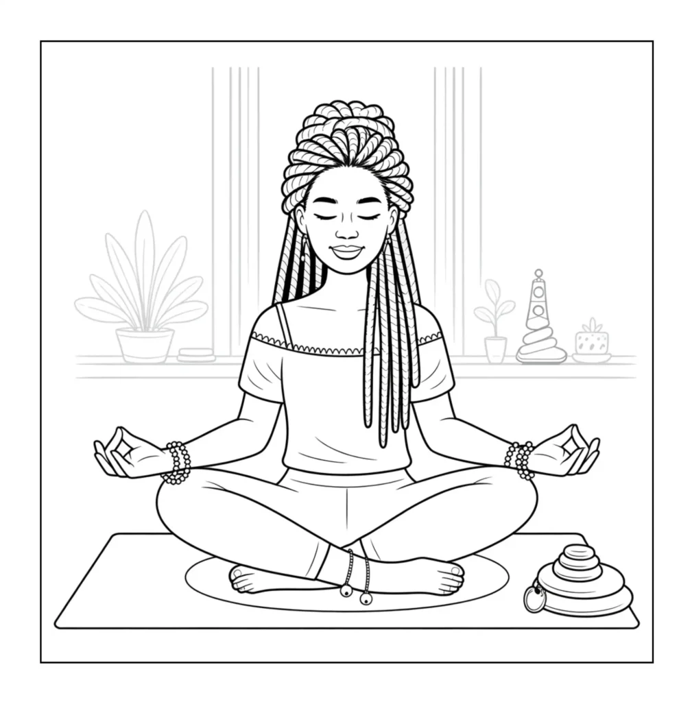 Peaceful girl meditating on yoga mat.