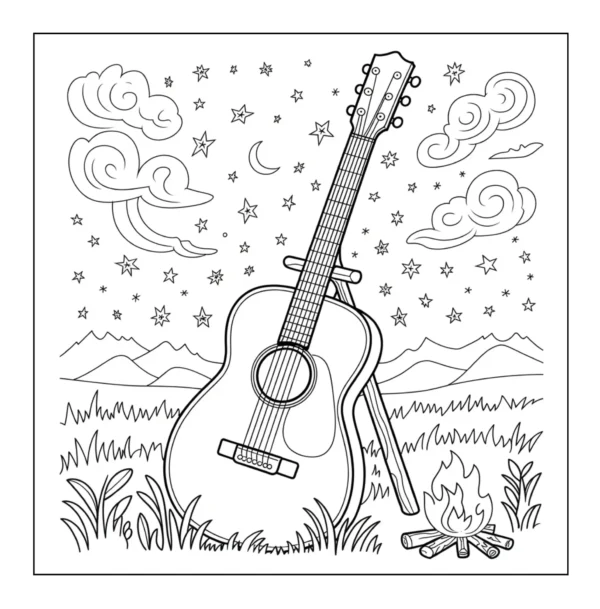 Printable night music guitar coloring page