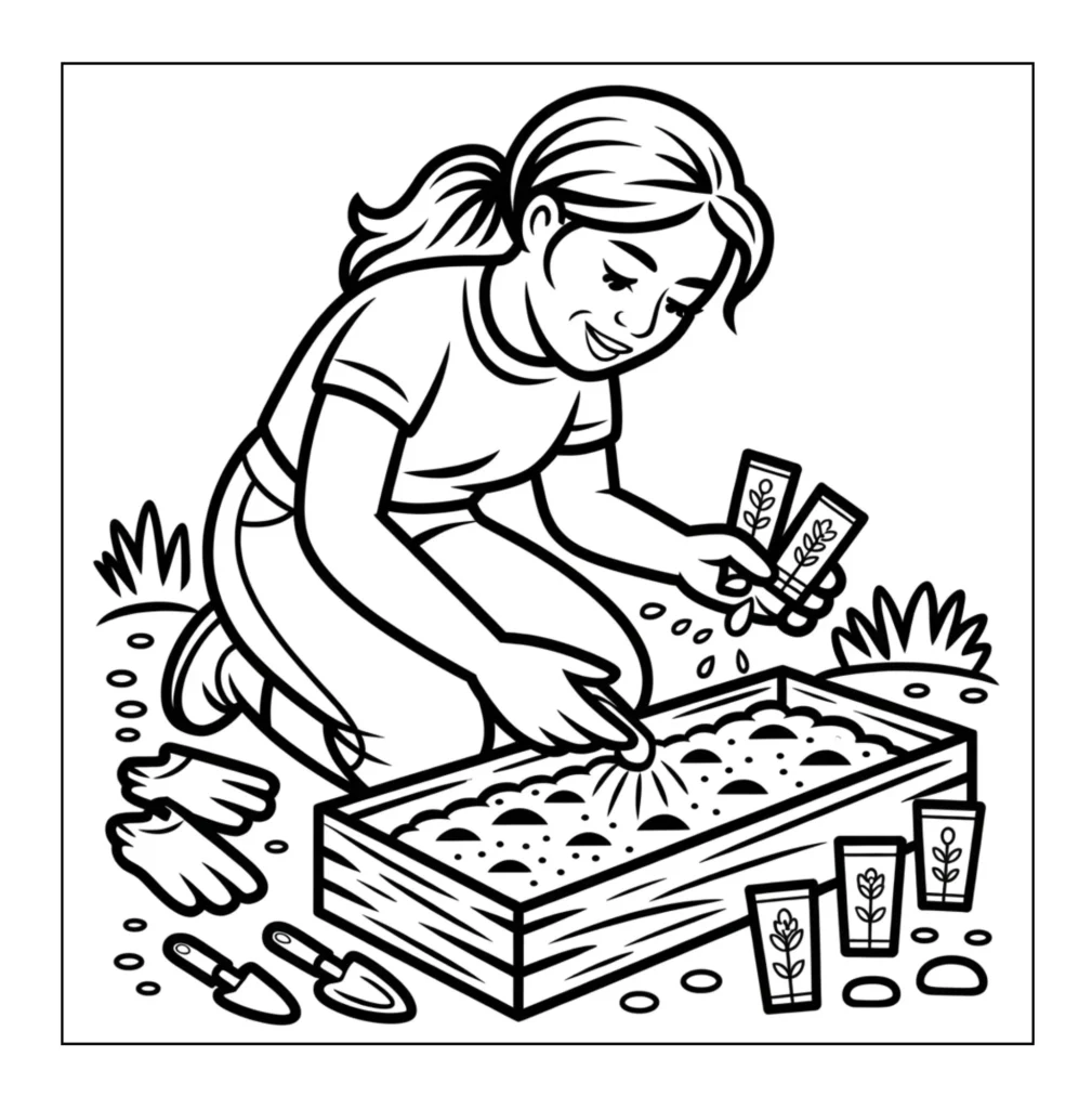 Girl planting seeds in a box.