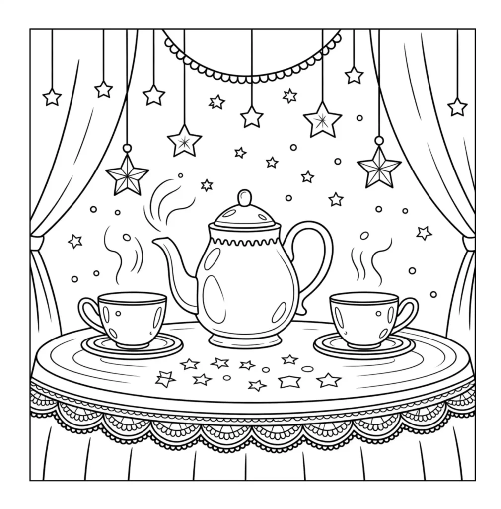 Teapot and cups under hanging stars.