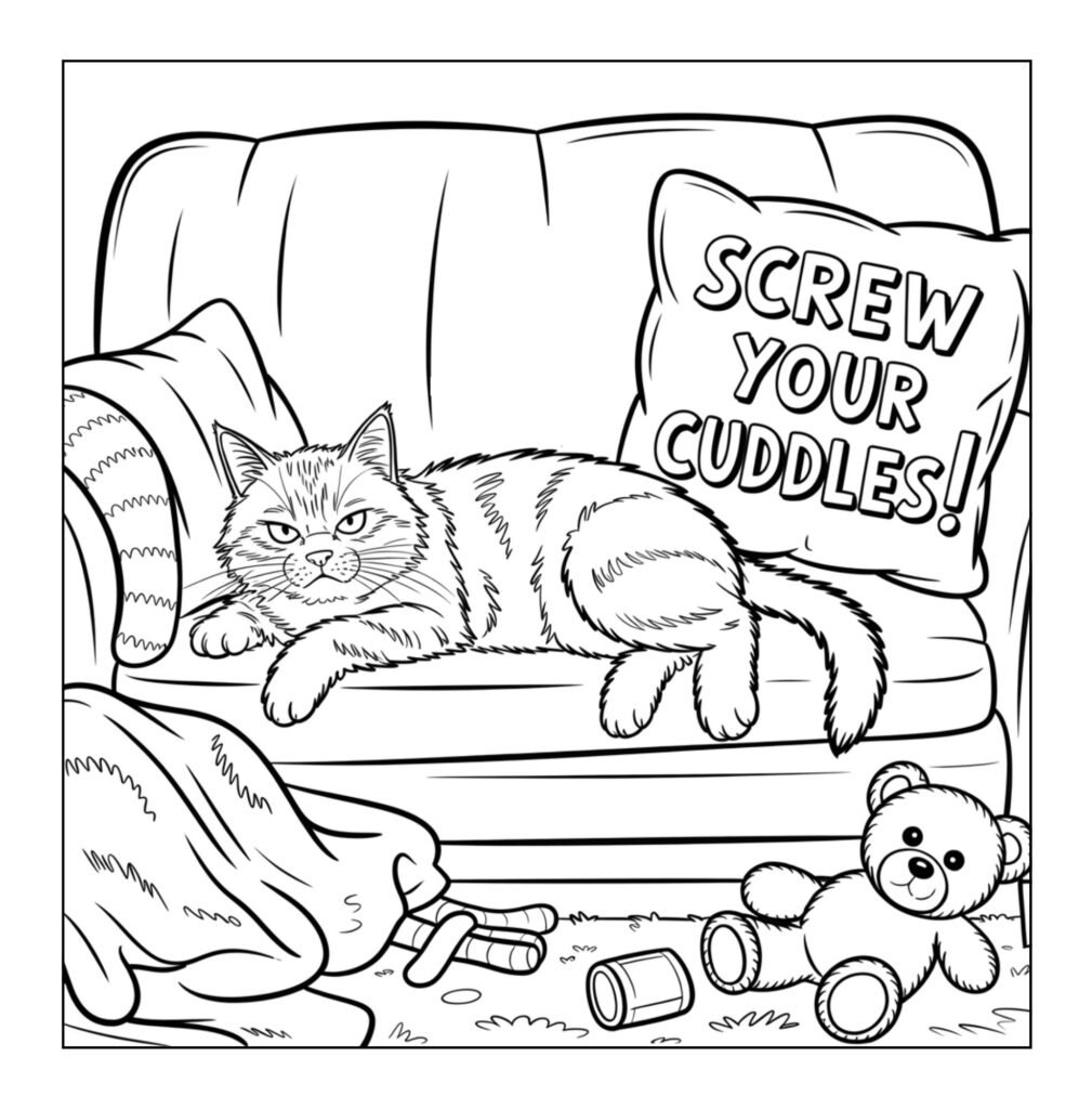 Cat resting next to funny pillow