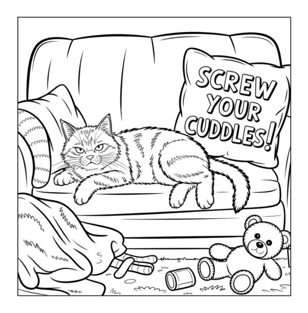 Cat resting next to funny pillow