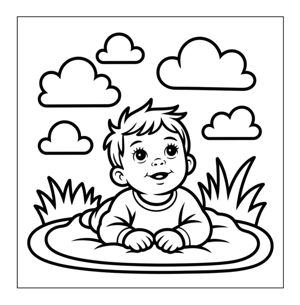 Baby lying on a round blanket.