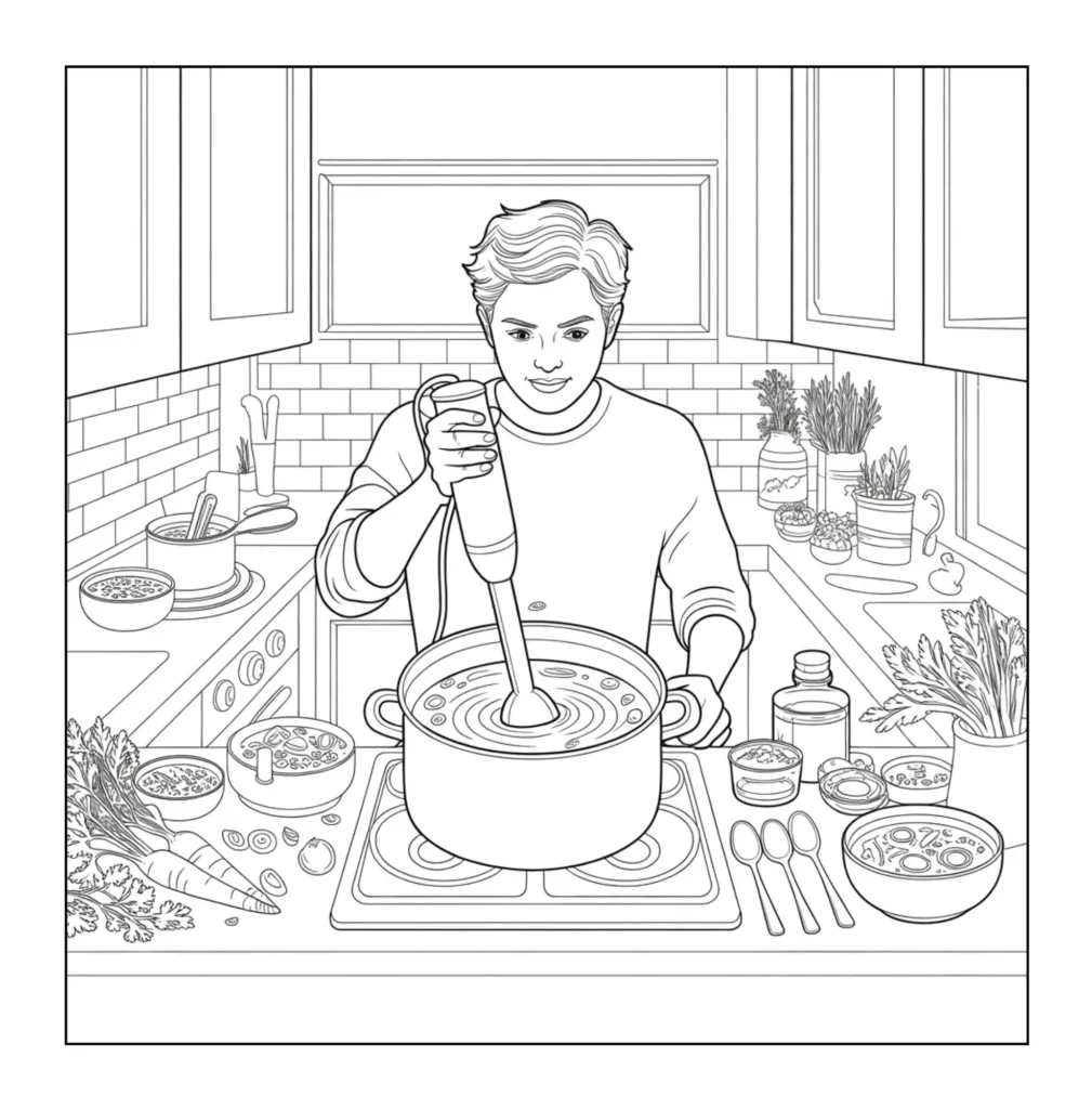 Man blending soup in the kitchen