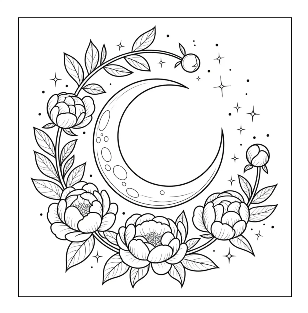 Crescent moon surrounded by peony flowers