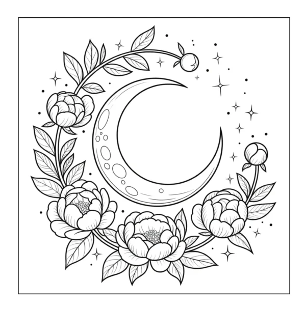 Crescent moon surrounded by peony flowers