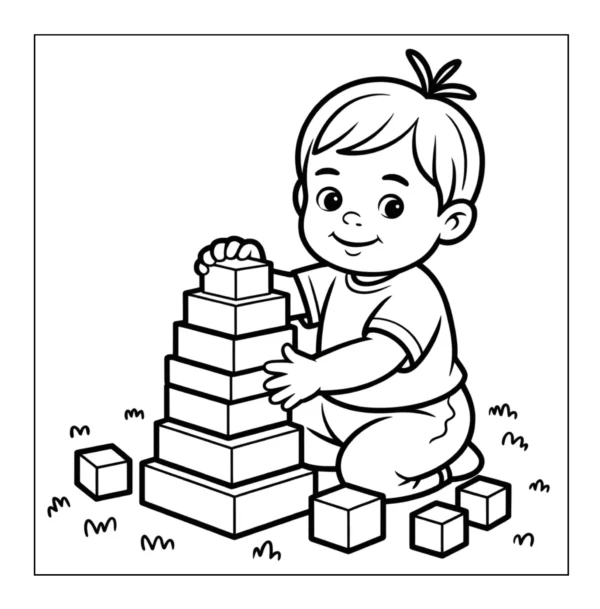 Building Block Tower Baby boy building tall block tower.