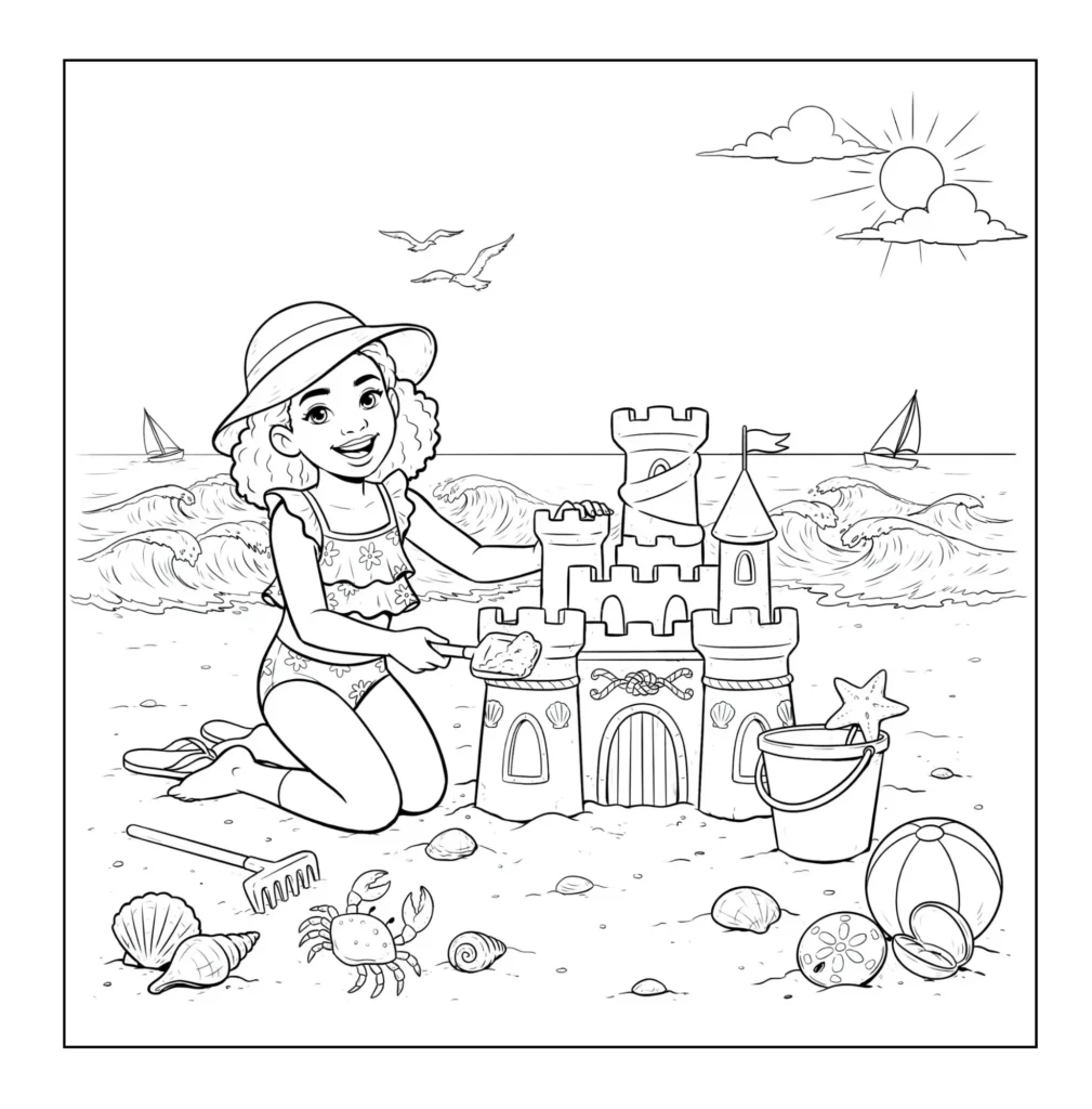 Girl building sandcastle on beach.