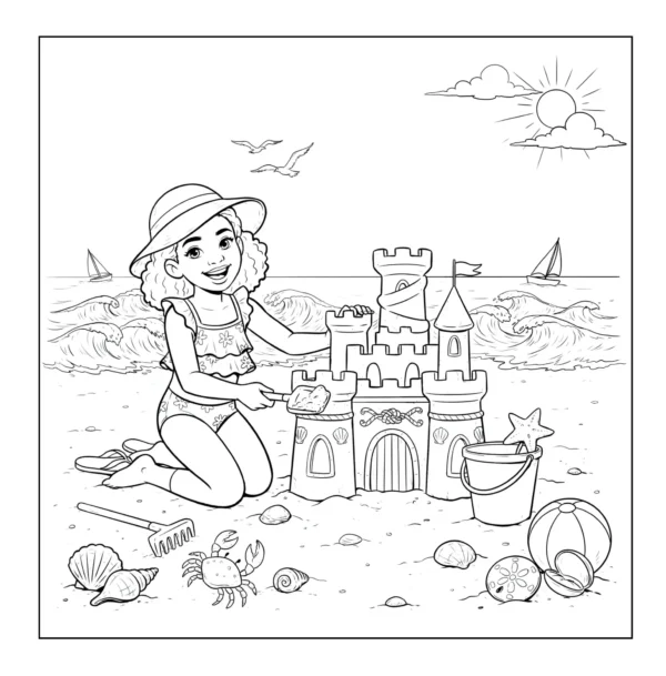 Girl building sandcastle on beach.