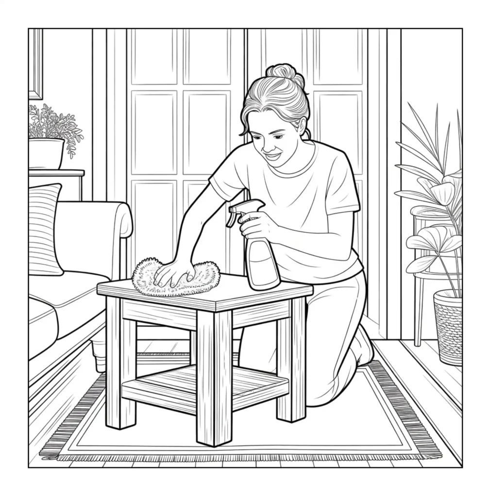 Woman cleaning wooden table with spray