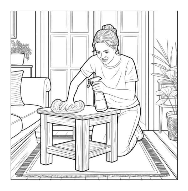Cleaning Wooden Table Tiny Apartments Coloring Book (Printable PDF)