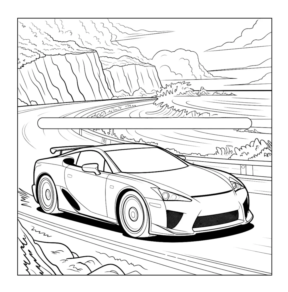 Supercar driving along winding coastal road.

