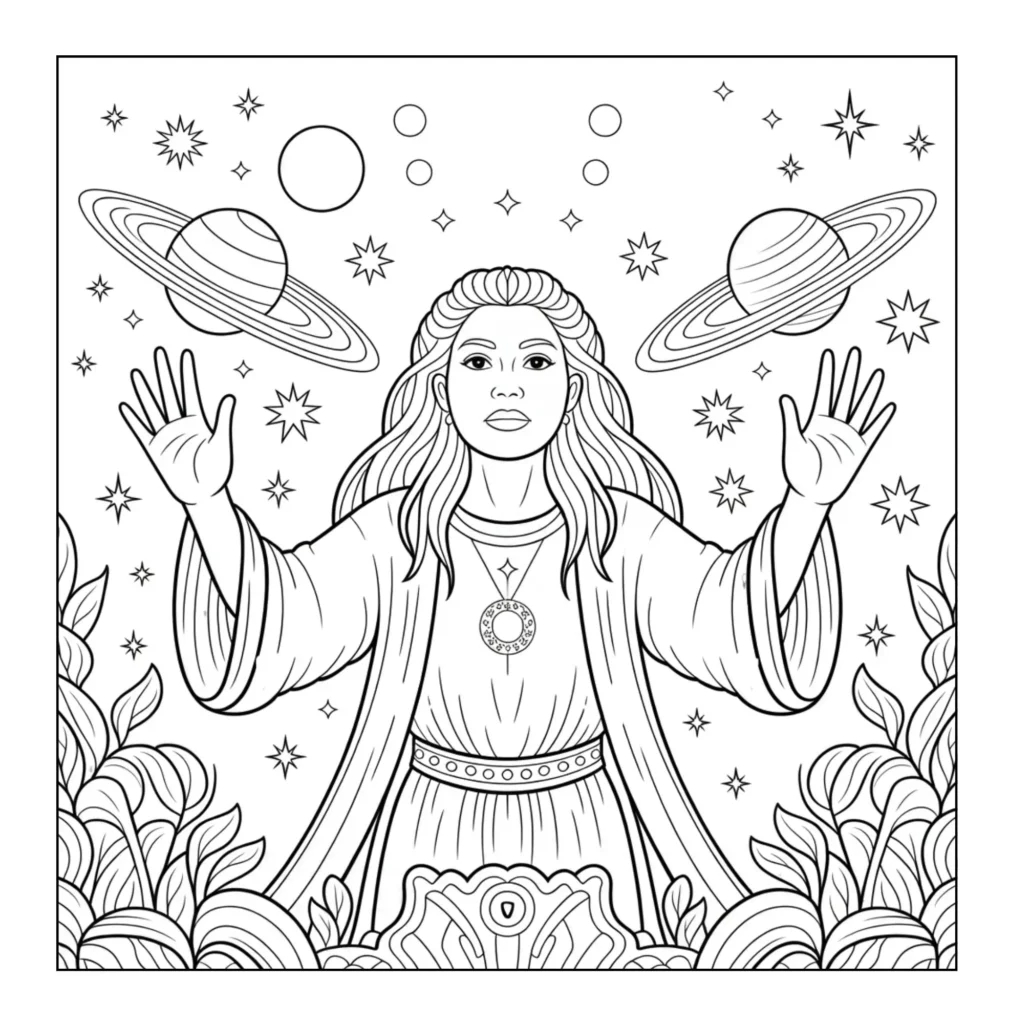 Woman holding hands toward ringed planets