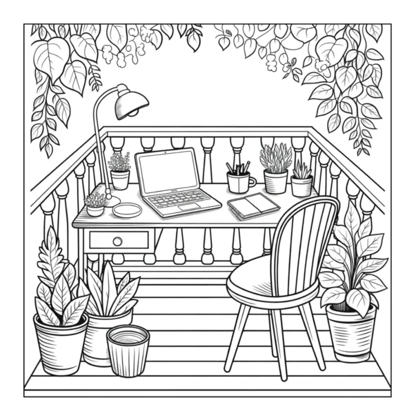Cozy Balcony Workspace Laptop on desk on a balcony.