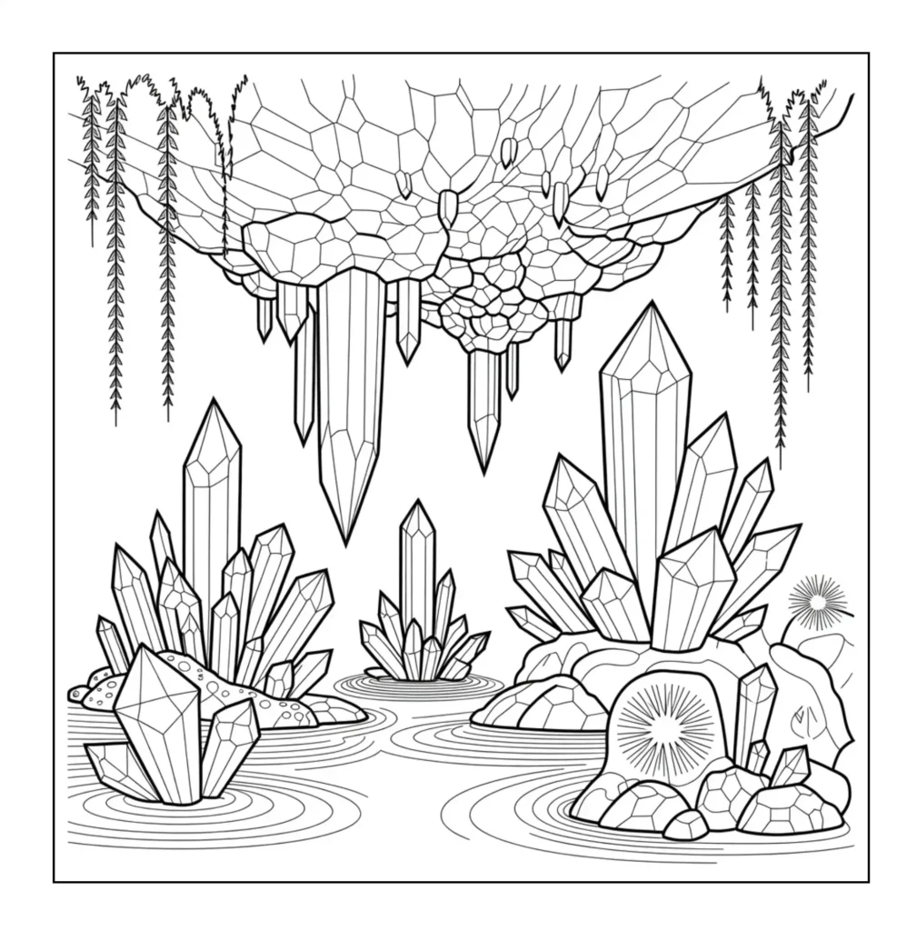 Glowing crystals in a water cave.
