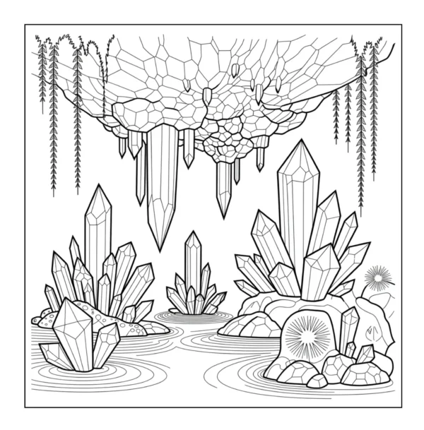 Glowing crystals in a water cave.