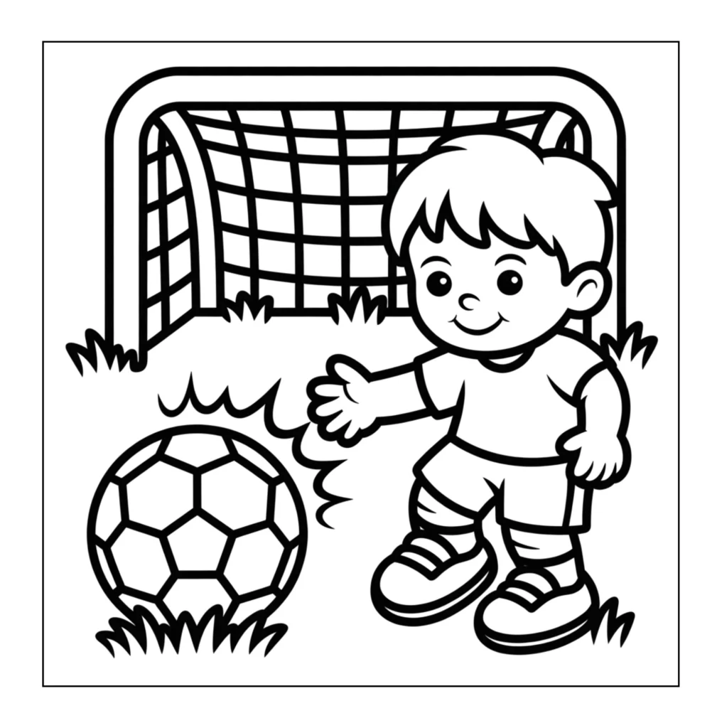 Boy dribbling soccer ball near goal.