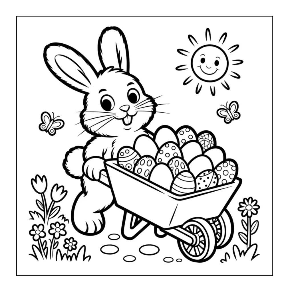 Bunny pushing wheelbarrow of eggs