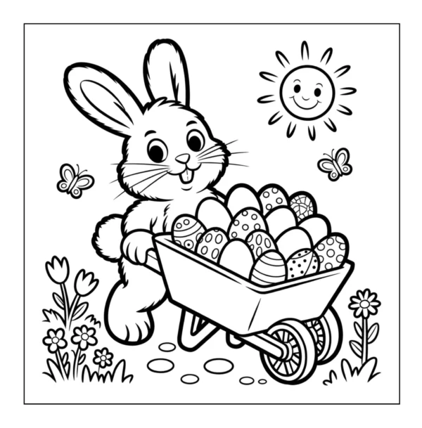 Bunny pushing wheelbarrow of eggs