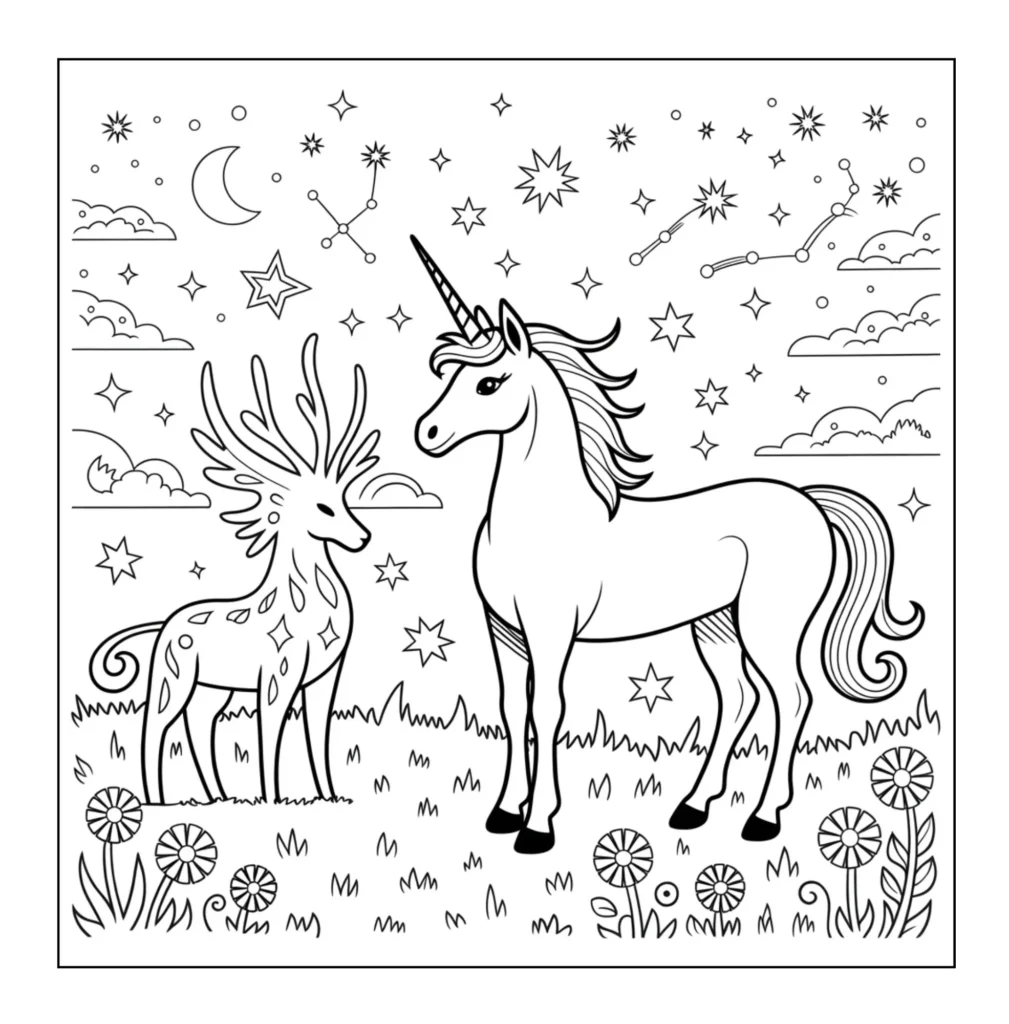 Unicorn and magic deer in meadow.
