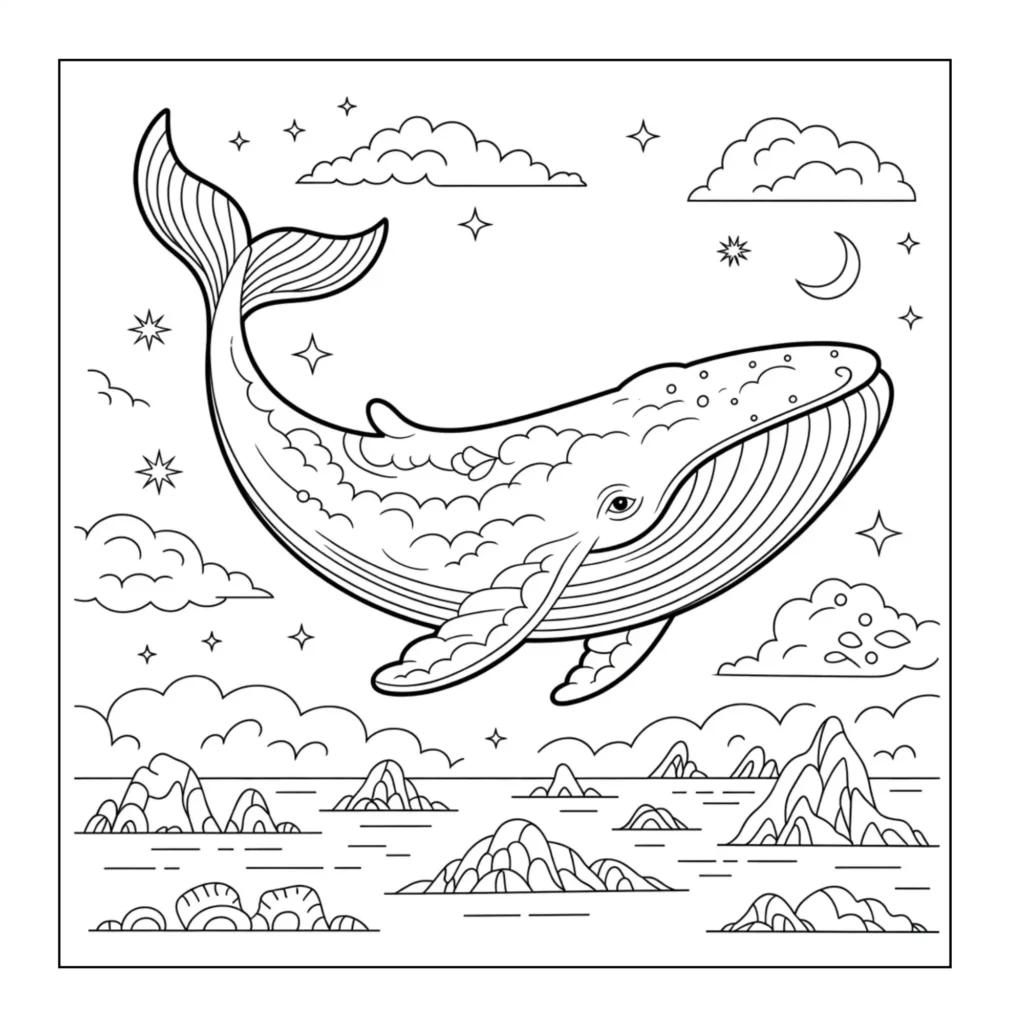 Large whale flying in the sky.