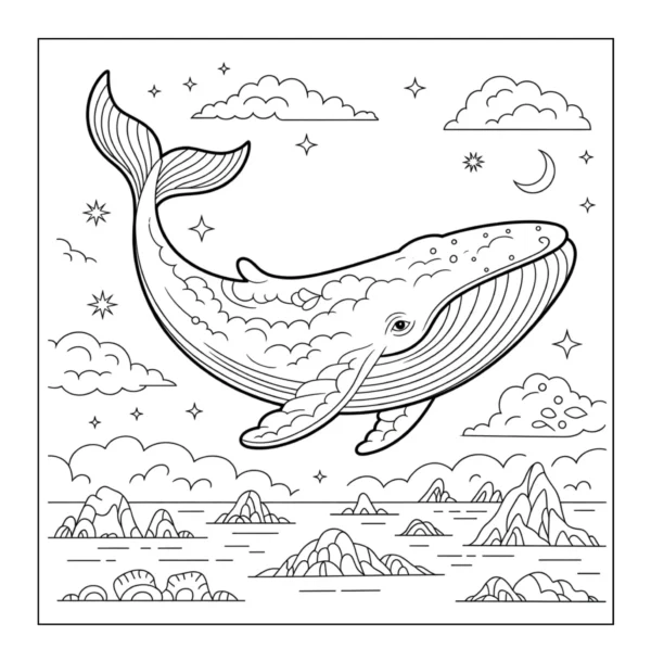 Flying Whale in Clouds Large whale flying in the sky.