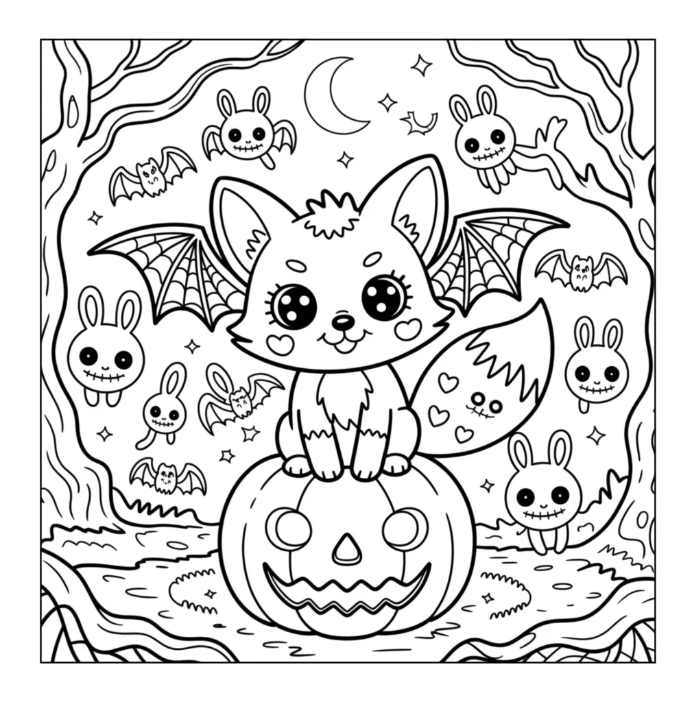 Fox sitting on a carved pumpkin
