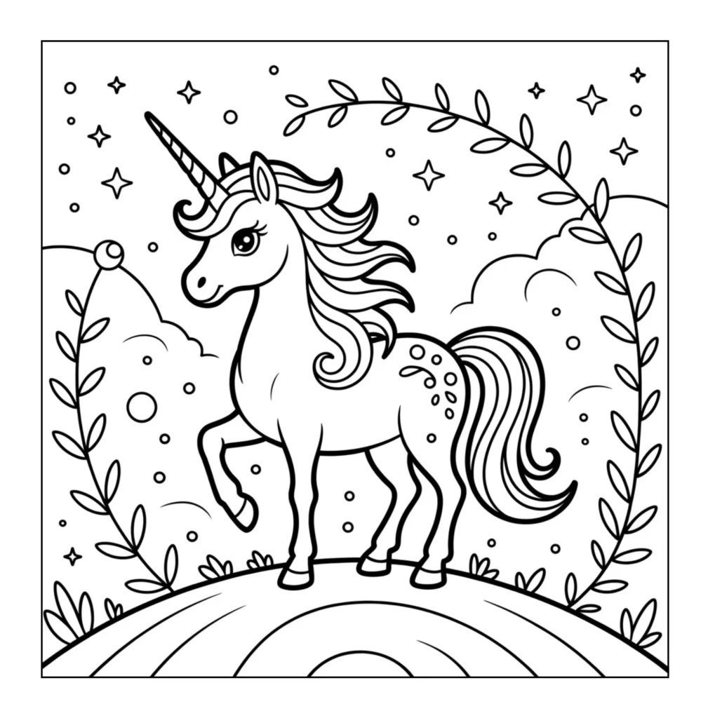 Unicorn standing inside a leafy frame.