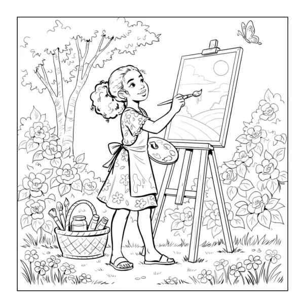 Young artist painting in garden.