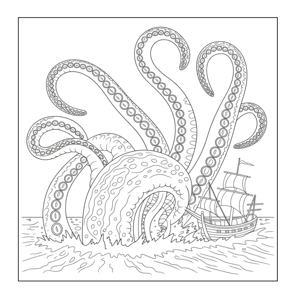 Giant octopus attacking a small ship.