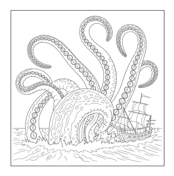 Giant octopus attacking a small ship.