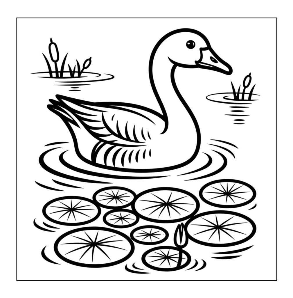 Goose swimming among pond lily pads.