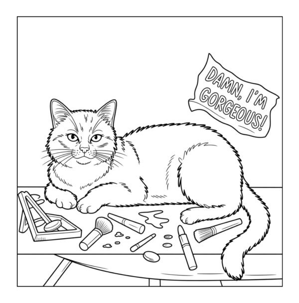 Cat lying among scattered makeup tools