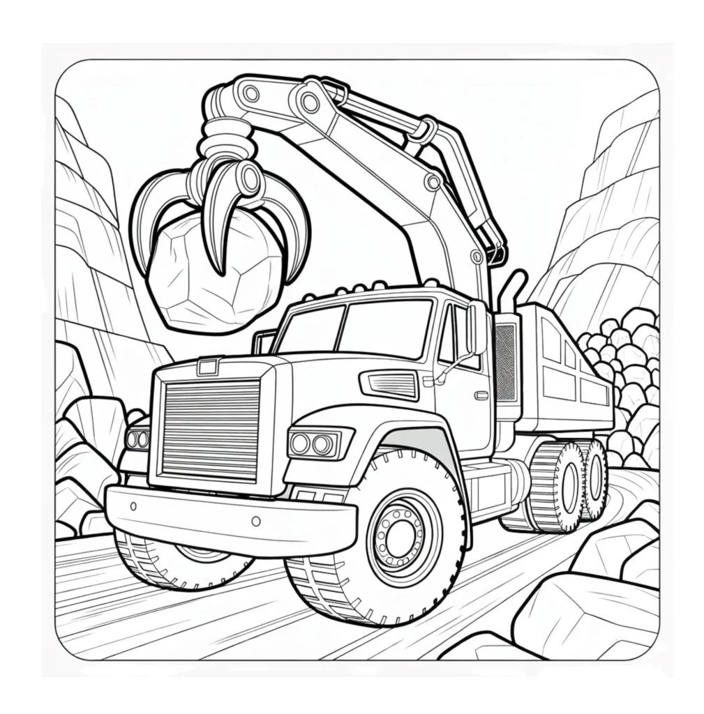 Truck using claw to load rocks.
