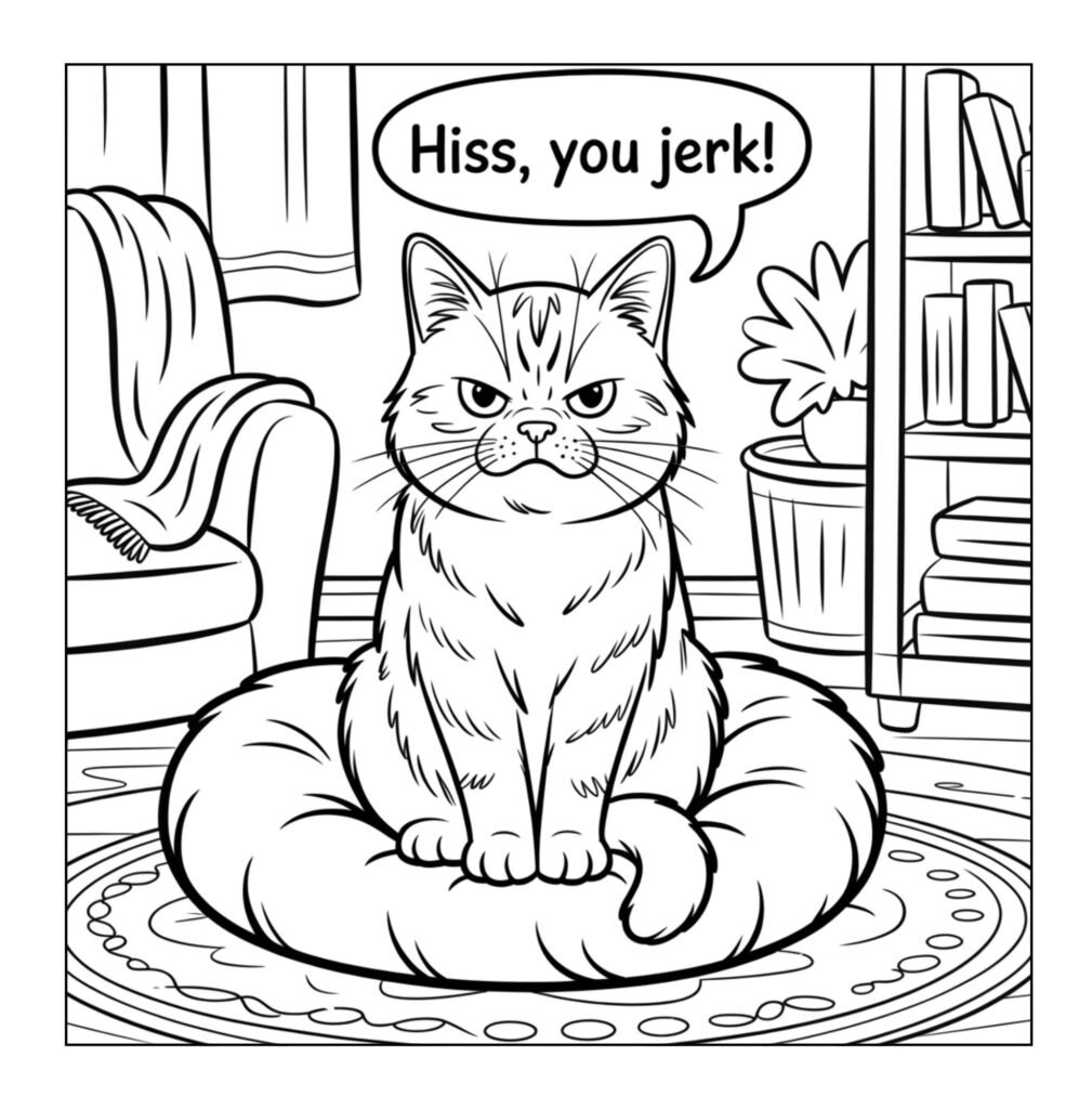 Grumpy cat sitting on round cushion