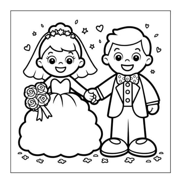 Happy Newlywed Couple Bride and groom holding hands happily.