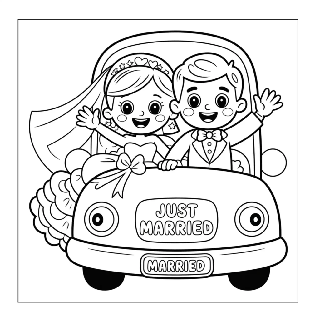  Bride and groom waving from car.
