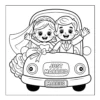 Just Married Couple Bride and groom waving from car.