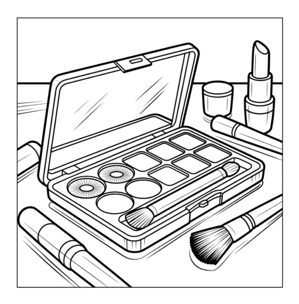 Makeup palette with brushes and lipstick.