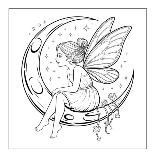 Fairy sitting on a crescent moon.