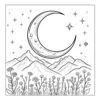 Crescent moon over mountains and flowers