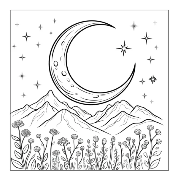 Crescent moon over mountains and flowers