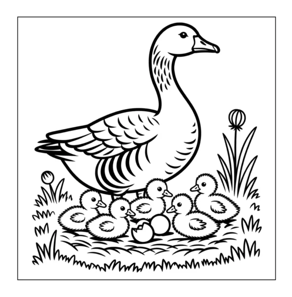 Mother goose with her five goslings.