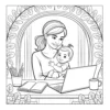 Mother Working From Home Mother holding baby at computer desk.
